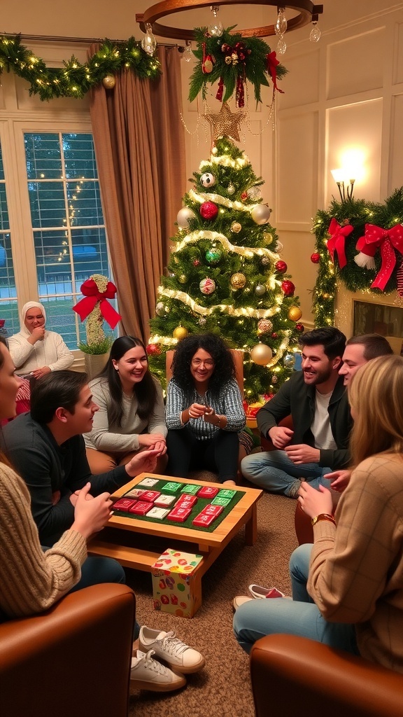 A group of friends enjoying Christmas games in a festive living room.